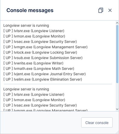 Console messages showing the status information of your current session