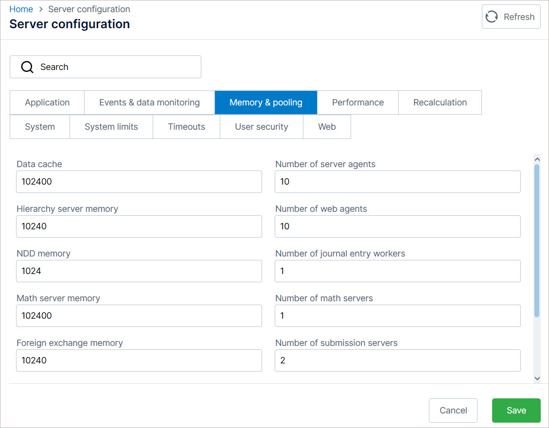 Parameters on the Memory & pooling tab