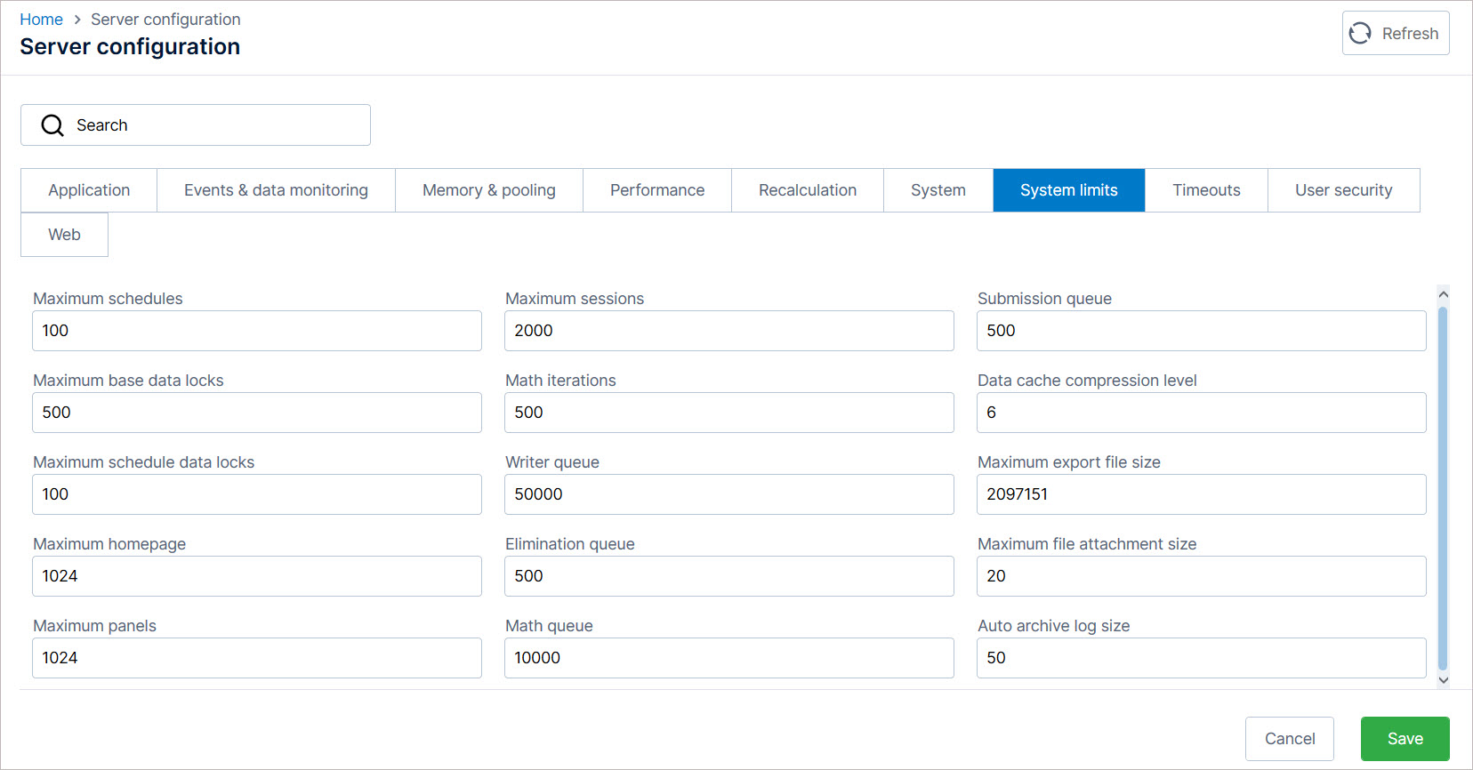 Parameters on the System limits tab