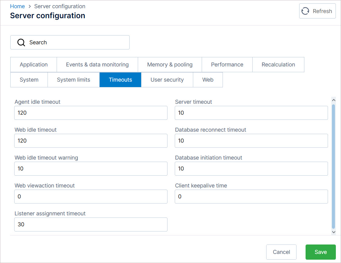 Parameters on the Timeouts tab