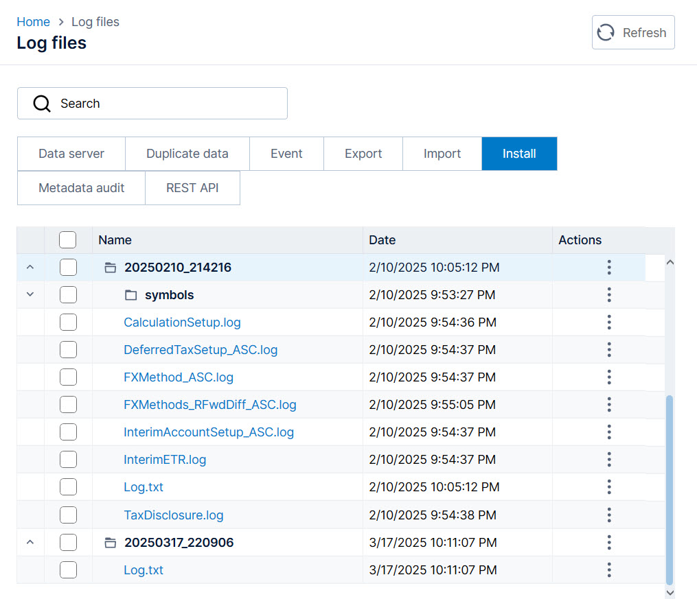Tree structure of the Install log files